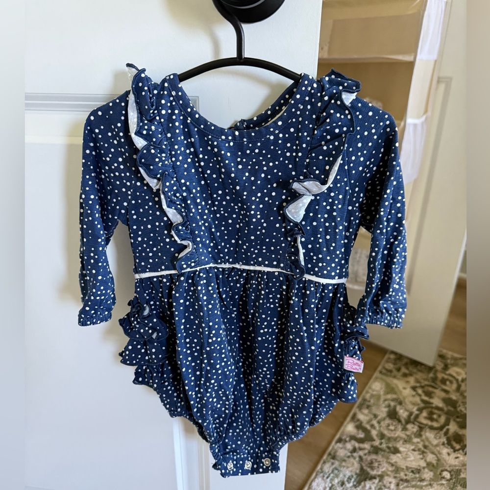 Ruffle Butts Navy and White Polka Dot Romper